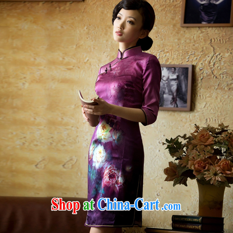 The proverbial hero once and for all as soon as possible its night heavy silk 2015 spring and summer fashion improved retro long-sleeved upscale Silk Cheongsam purple S