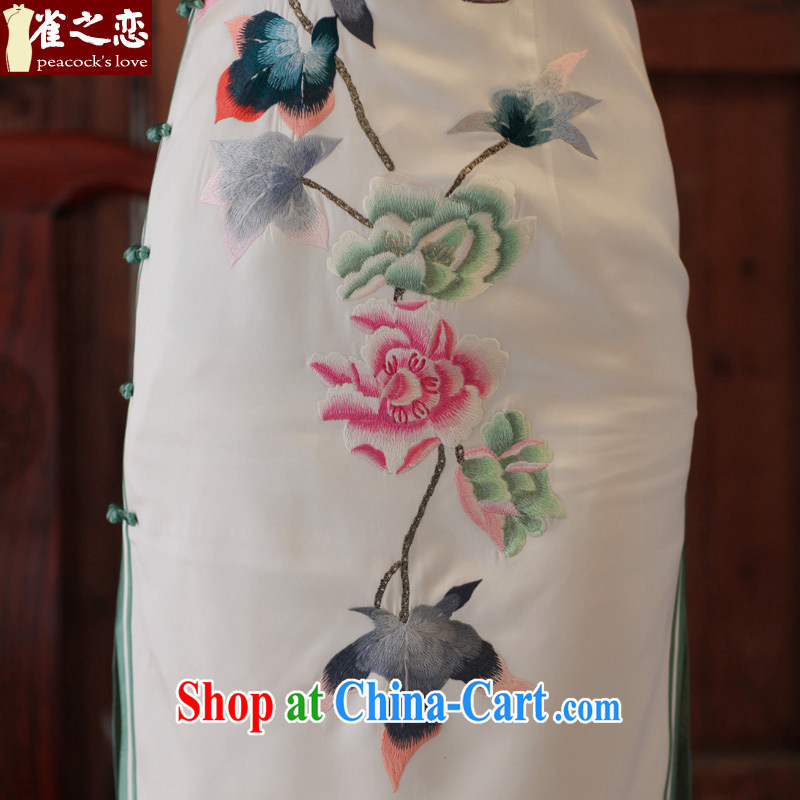 Birds of the land, 10 Cuiwei heavy silk plain manually, for a sleeveless embroidered a flap cheongsam QD 326 white XXL, birds love, and shopping on the Internet
