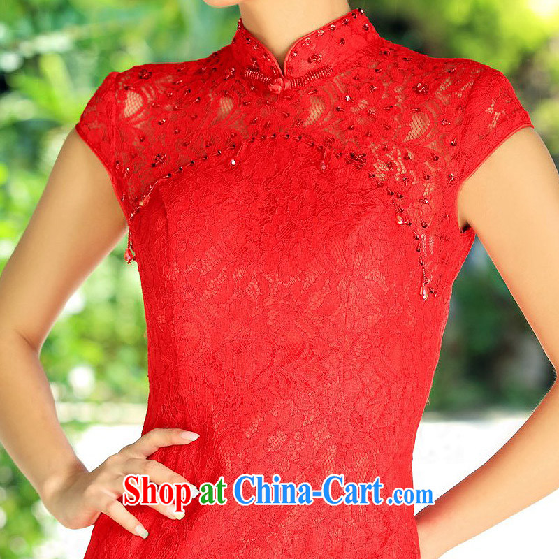 The bride's 2015 new lace cheongsam stylish wedding red toast wedding service long qipao 201 red M, the bride, shopping on the Internet