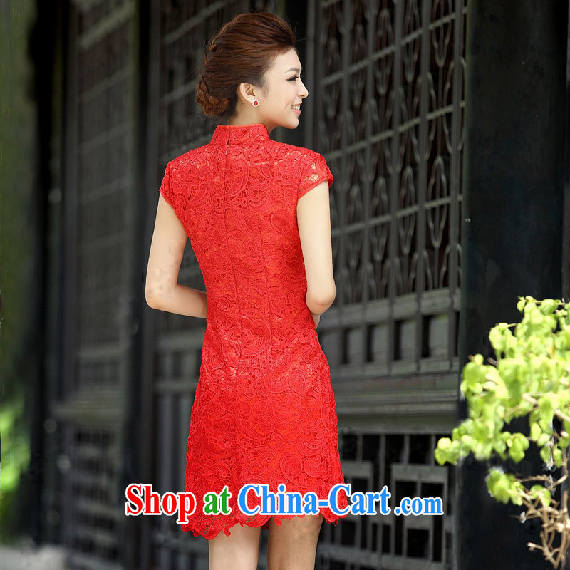 The bride's 2015 new lace cheongsam stylish wedding red toast wedding service short qipao 203 red S, the bride, shopping on the Internet
