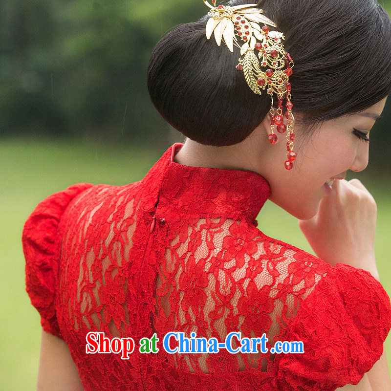 The bride's 2015 new lace cheongsam stylish wedding red toast wedding service long qipao 104 red L, the bride, shopping on the Internet