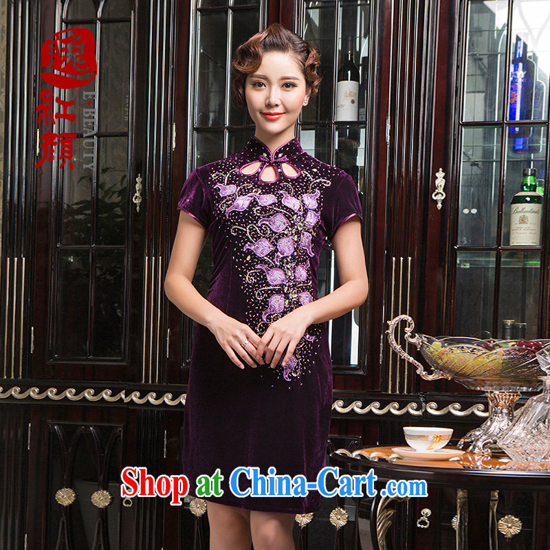 once and for all elections as soon as possible fatally jealous Fung Ling standard gold velour nails Pearl dresses short fall with retro autumn and winter cheongsam dress purple L