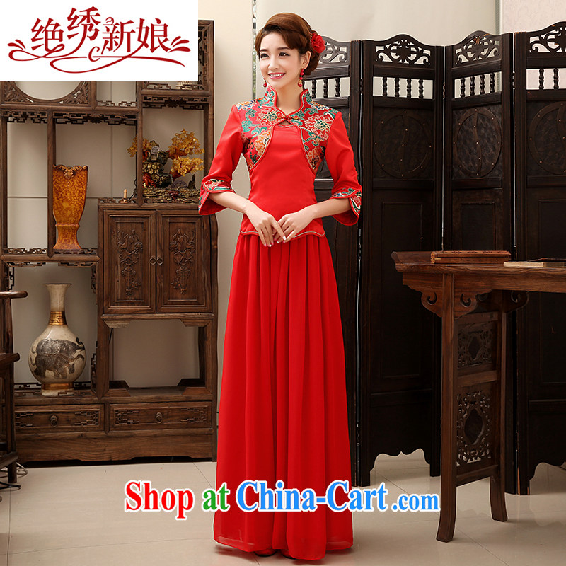 Red sexy improved retro bridal dresses wedding dresses wedding toast wedding service long-sleeved bridal load custom QP - 332 red set is not returned.