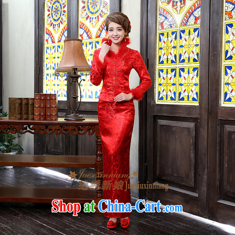 Winter new bride toast serving long, red long-sleeved with improved retro winter clothing winter cheongsam QP - 309 red made final