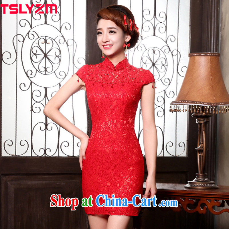 2015 Tslyzm new bride wedding dress retro improved stylish short red bows clothes dresses lace cheongsam QP 320 red L
