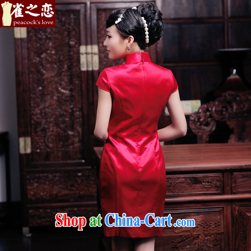 Bird lovers of Yuanyang note 2015 spring new short manual and embroidered heavy Silk Cheongsam QD 442 Chinese red L, birds love, and shopping on the Internet
