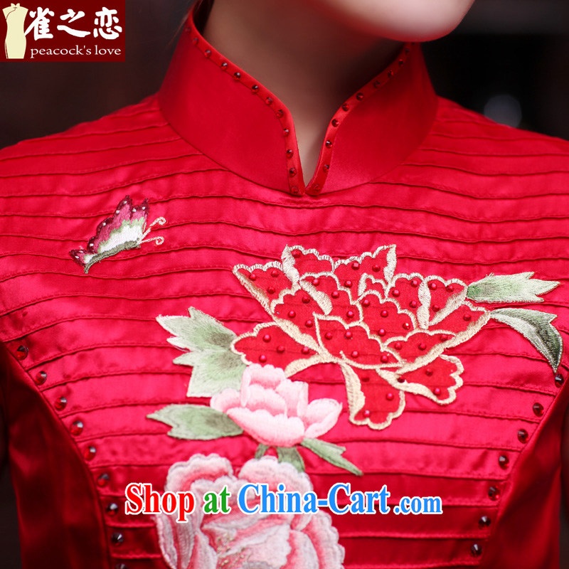 Bird lovers of Yuanyang note 2015 spring new short manual and embroidered heavy Silk Cheongsam QD 442 Chinese red L, birds love, and shopping on the Internet