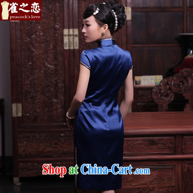 Birds love it's 2015 spring new short-sleeved hand embroidery and heavy Silk Cheongsam QD 444 blue L - pre-sale 20 days, birds of the land, and, on-line shopping