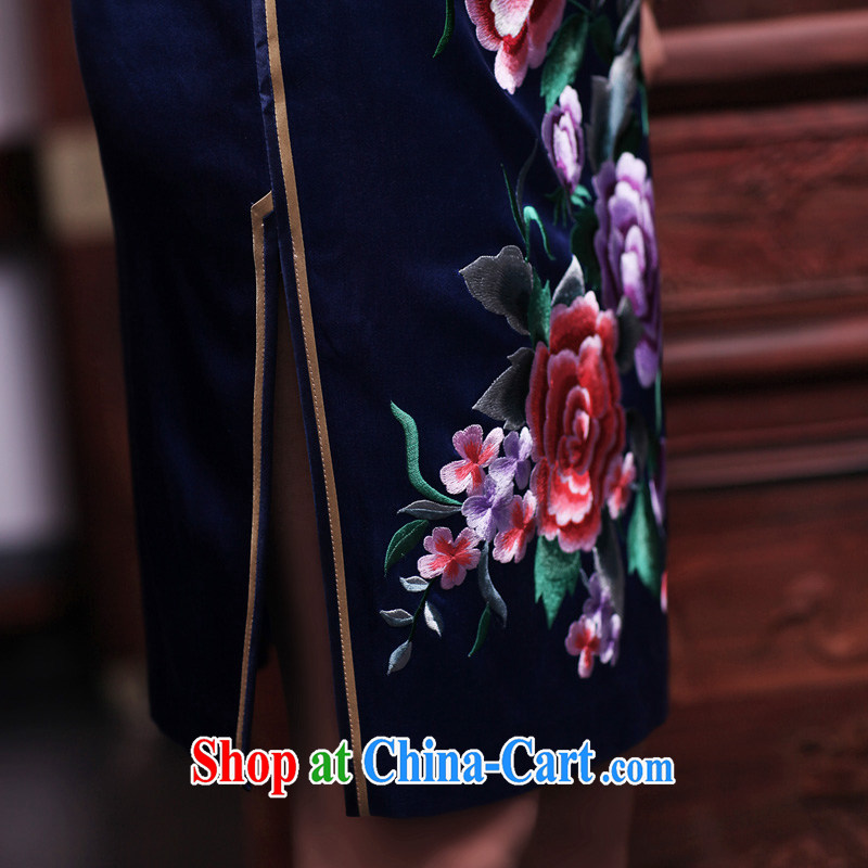 Birds love it's 2015 spring new short-sleeved hand embroidery and heavy Silk Cheongsam QD 444 blue L - pre-sale 20 days, birds of the land, and, on-line shopping