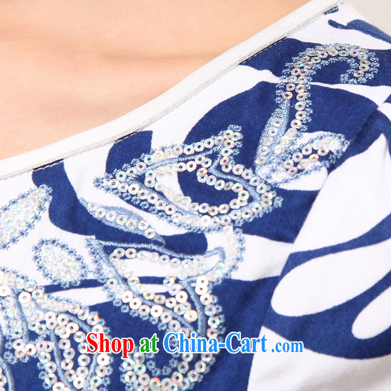 Morning love 2015 summer new stylish improved retro short cheongsam dress Chinese daily blue and white porcelain GP 262 blue M morning land, shopping on the Internet