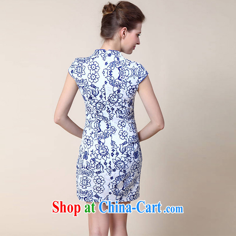 Let Bai colorful 2015 new summer blue and white porcelain stamp Chinese improved stylish retro short cheongsam dress QP 034# blue XL dream Bai beauty, and shopping on the Internet