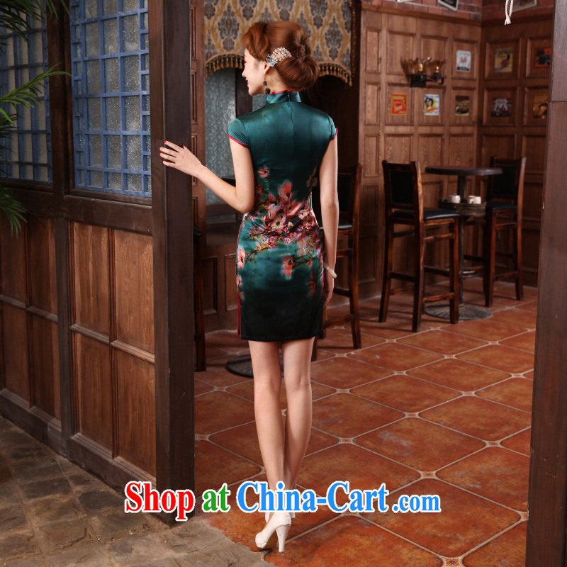 Morning, dresses new 2015 summer retro short-sleeved improved stylish sauna silk heavy Silk Cheongsam dress elegant green L, morning land, shopping on the Internet
