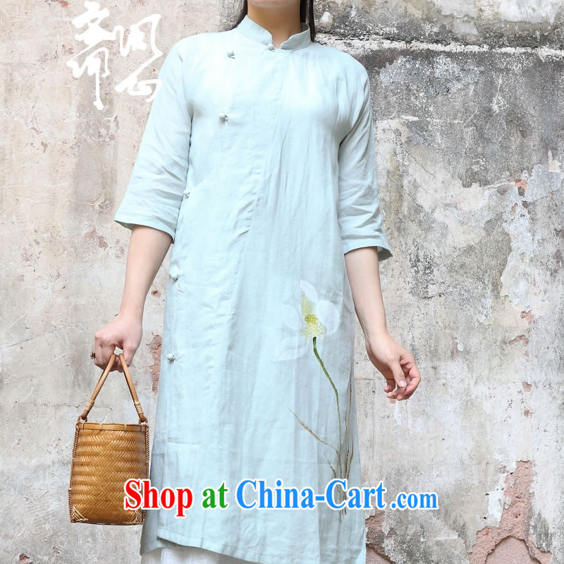 q heart Id al-Fitr in as soon as possible and girls spring and summer new Chinese hand-painted cheongsam dress linen dresses hand-painted Lotus 1703 light blue shot 7 days M code chest of CM 95, ask a vegetarian, shopping on the Internet