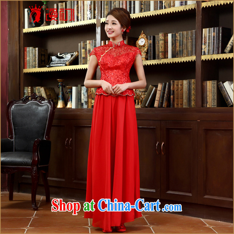 Early definition 2015 new improved stylish long cheongsam dress marriages red bows outfit serving red S