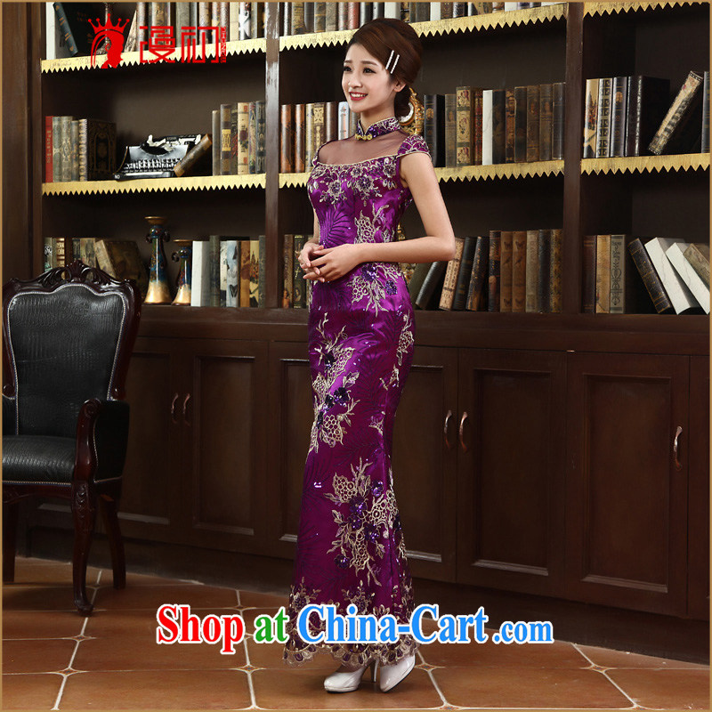 Early definition 2015 new stylish and improved cheongsam marriages toast, long cheongsam crowsfoot cheongsam dress purple S, diffuse, and shopping on the Internet