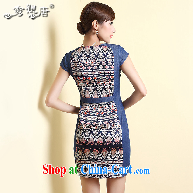 The CYD HO Kwun Tong' land, 2015 summer National wind cheongsam dress style round-collar stitching Chinese Dress QD 4303 blue M, Sau looked Tang, shopping on the Internet