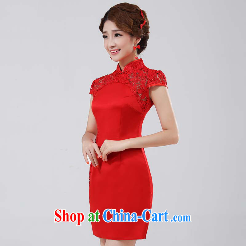 Bridal toast wedding dress cheongsam Stylish retro improved cheongsam lace Openwork red package shoulder, for the charge-back wood drill red M, joshon&Joe, shopping on the Internet