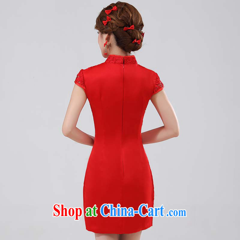 Bridal toast wedding dress cheongsam Stylish retro improved cheongsam lace Openwork red package shoulder, for the charge-back wood drill red M, joshon&Joe, shopping on the Internet