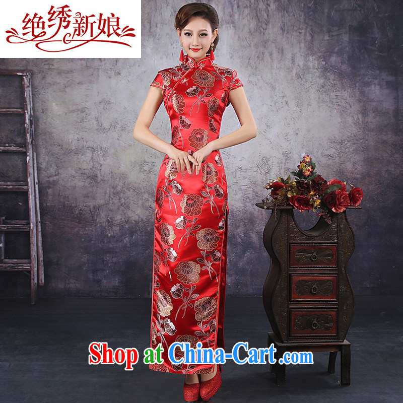 There is embroidery bridal 2015 spring and summer cotton Ma long cheongsam dress short-sleeved high on the truck and stylish retro QP - 346 red XXL Suzhou shipping
