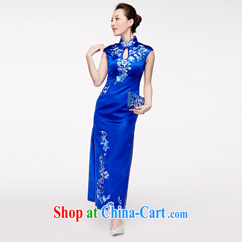 Wood is really the 2015 spring and summer new Chinese high-end embroidered long Silk Cheongsam dress style elegant qipao dress 22,018 11 blue XXXL, wood really has, shopping on the Internet