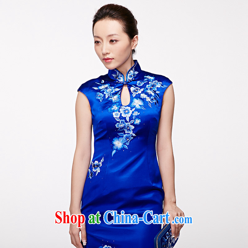Wood is really the 2015 spring and summer new Chinese high-end embroidered long Silk Cheongsam dress style elegant qipao dress 22,018 11 blue XXXL, wood really has, shopping on the Internet