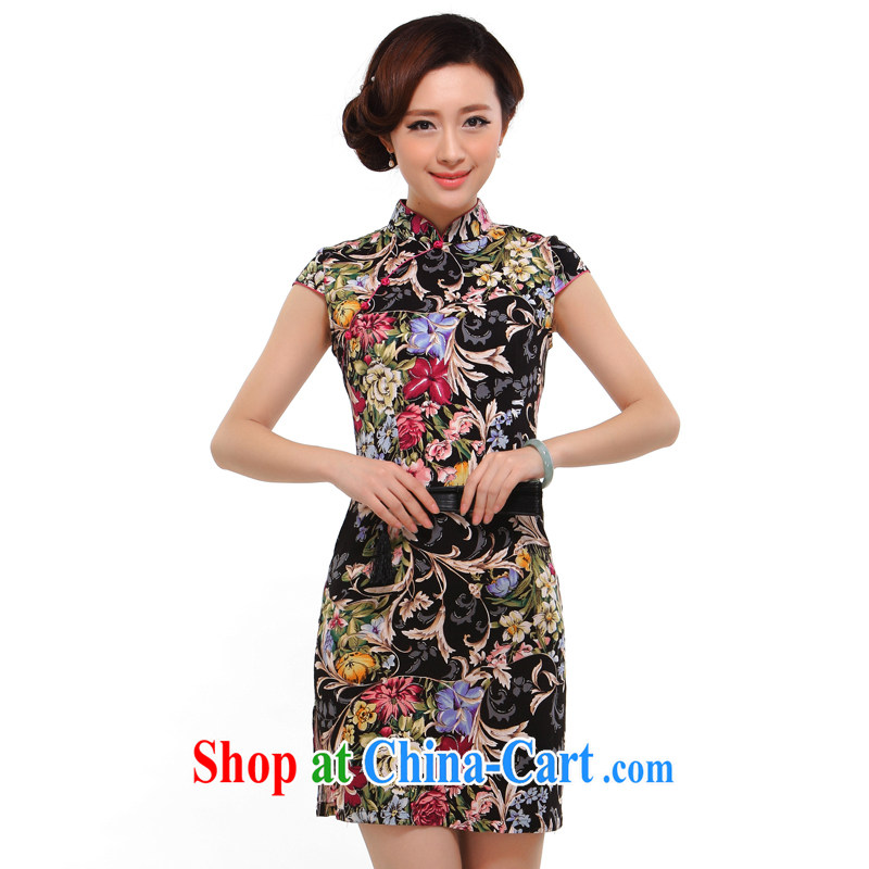 once and for all silence the cheongsam summer 2014 stylish new improved sexy beauty retro floral cheongsam high black skirt L