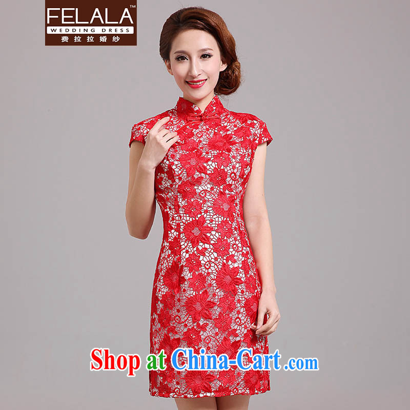 Ferrara 2015 new spring and summer short, improved red lace cheongsam marriages red toast clothing Red. Do not return