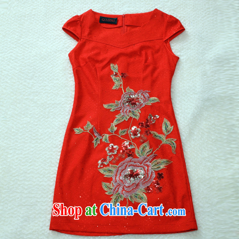 Slim li know summer 2015 new Peony embroidery petal style improved short cheongsam dress bride dress toast Q 31,449 red XXL, slim Li (Q . LIZHI), online shopping