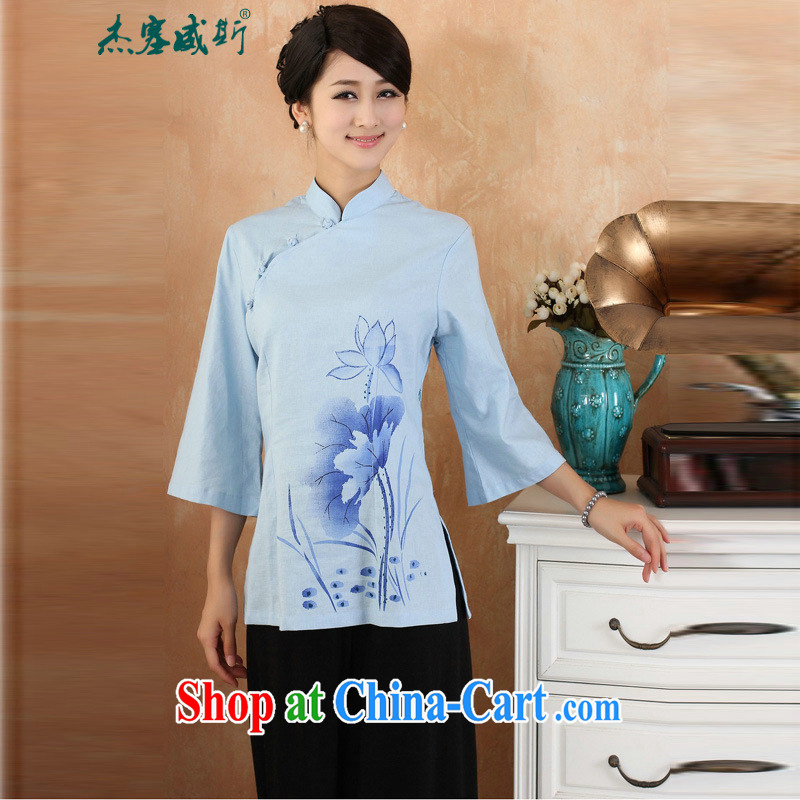Jessup, 2015 spring and summer cotton the larger Chinese female improved Han-hand painted dresses T-shirt shirt Chinese M 2379 - 1 blue XXXL