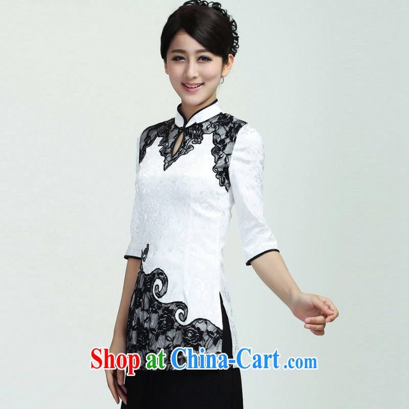 Jessup, 2015 spring and summer new, small and mighty, Chinese female improved lace stitching qipao T-shirt shirt Chinese M 2371 white XXL, Jessup, and shopping on the Internet