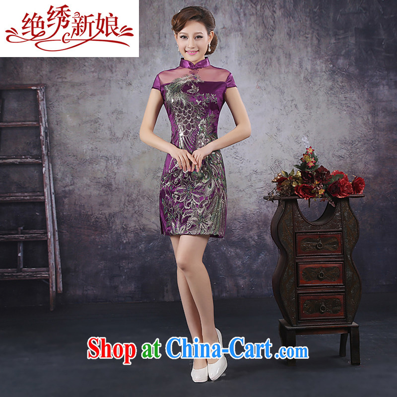 There is embroidery bridal summer new stylish improved summer short-sleeved girl cheongsam dress Peacock the forklift truck short cheongsam QP - 368 L Suzhou shipping