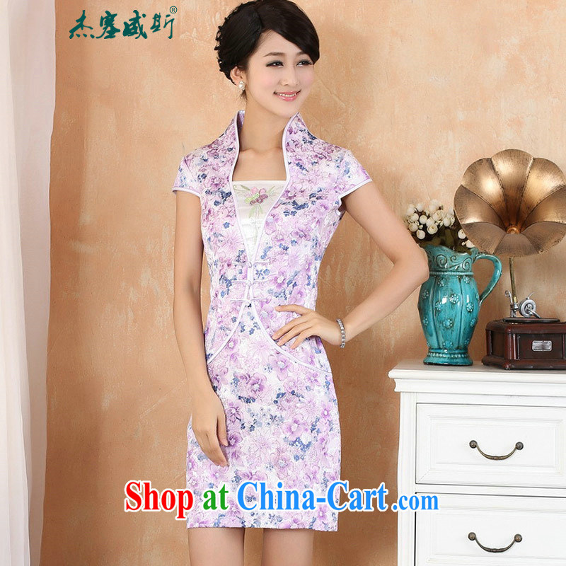 Jessup, 2015 spring and summer dress new retro stamp duty, for manual for short-sleeved dresses female Chinese qipao M 2333 purple XXL