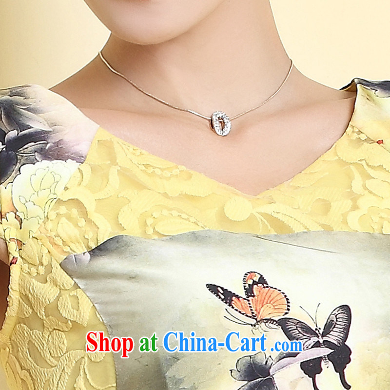 The CYD HO Kwun Tong' core-han 2014 summer new retro stamp female dresses the root yarn cheongsam QD 4318 yellow S, Sau looked Tang, shopping on the Internet