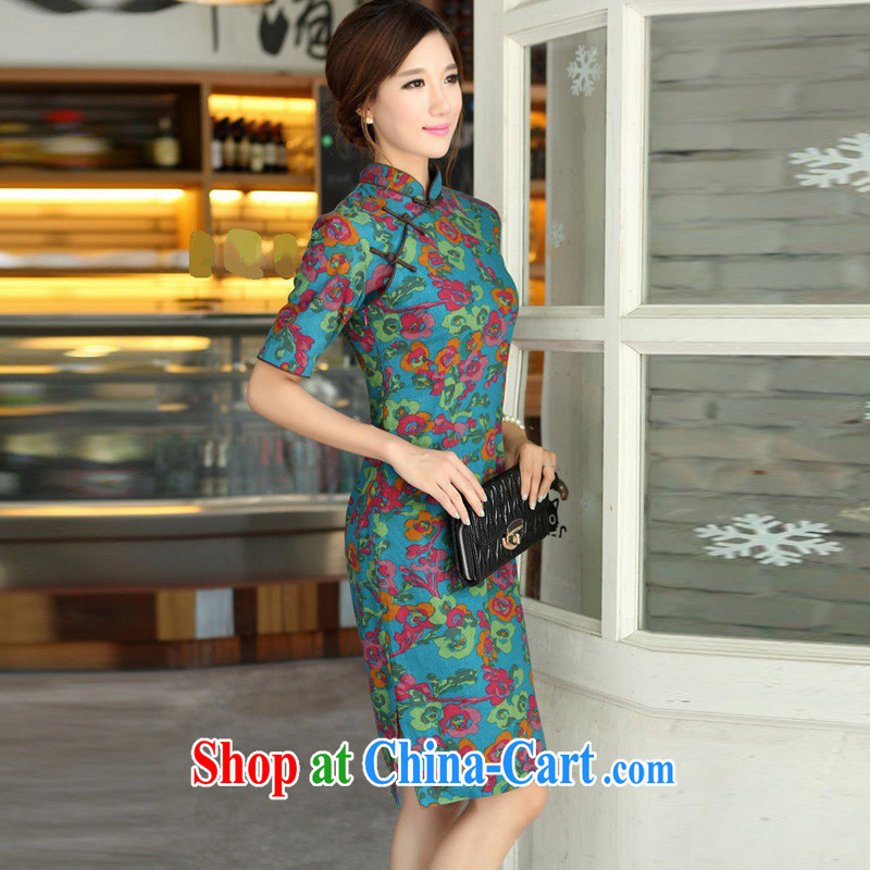 Jessup, 2015 spring and summer China wind female cotton MA, short-sleeved hand and knee, long cheongsam dress female QP 701 once and for all, blue collar XL, Jessup, and shopping on the Internet