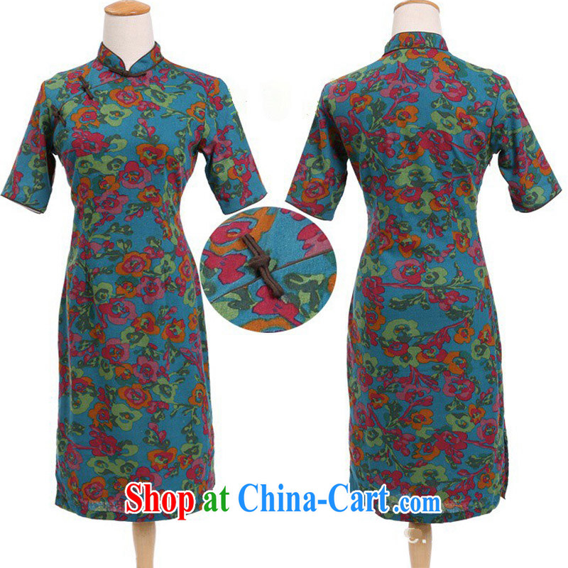 Jessup, 2015 spring and summer China wind female cotton MA, short-sleeved hand and knee, long cheongsam dress female QP 701 once and for all, blue collar XL, Jessup, and shopping on the Internet