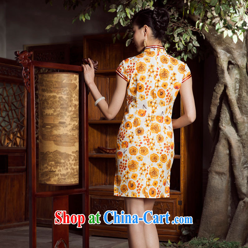Huan Zhu Ge Ge spring and summer new flowers, bilateral pure cotton, the edge Chinese qipao dress female yellow 3XL, giggling, shopping on the Internet