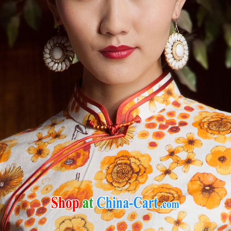 Huan Zhu Ge Ge spring and summer new flowers, bilateral pure cotton, the edge Chinese qipao dress female yellow 3XL, giggling, shopping on the Internet