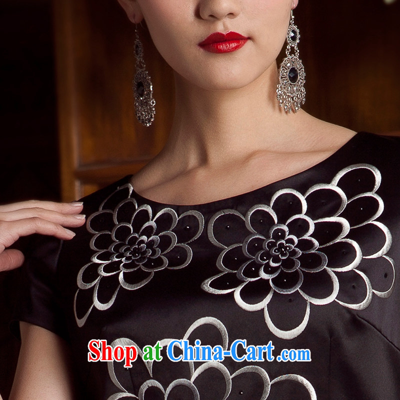 Huan Zhu Ge Ge 2014 spring and summer new ink the flower, upscale hot drill round-neck collar cheongsam dress dresses female black 6 XL, giggling, and shopping on the Internet