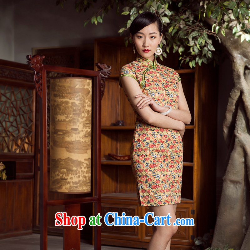 Huan Zhu Ge Ge 2014 spring and summer new flowers, Chinese Antique cotton, the short cheongsam dress female yellow 3XL, giggling, shopping on the Internet