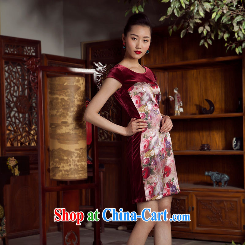Huan Zhu Ge Ge 2014 spring and summer new wool Stitching with Sauna Silk Cheongsam dress female wine red 4 XL, giggling, shopping on the Internet