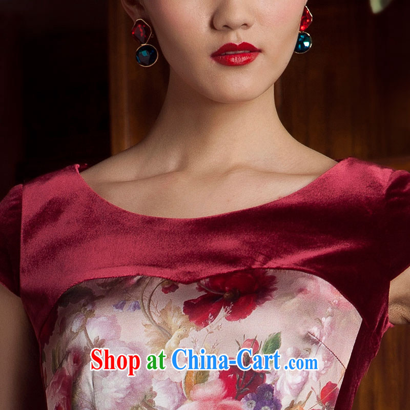 Huan Zhu Ge Ge 2014 spring and summer new wool Stitching with Sauna Silk Cheongsam dress female wine red 4 XL, giggling, shopping on the Internet