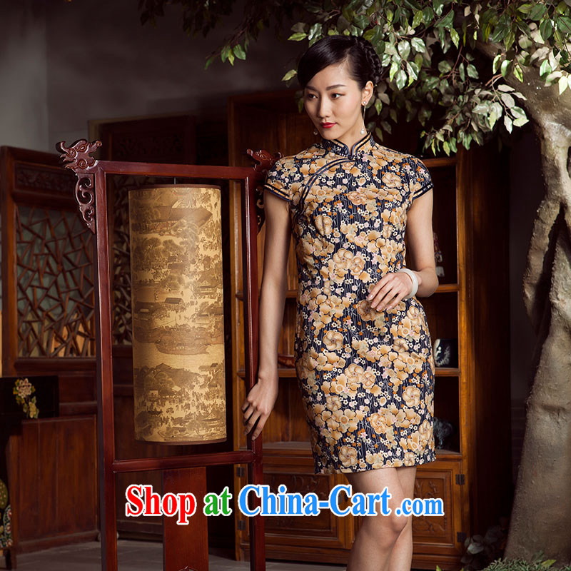 Huan Zhu Ge Ge 2014 spring and summer new bilateral, the Chinese style short cheongsam dress girls dark blue 3XL, giggling, shopping on the Internet