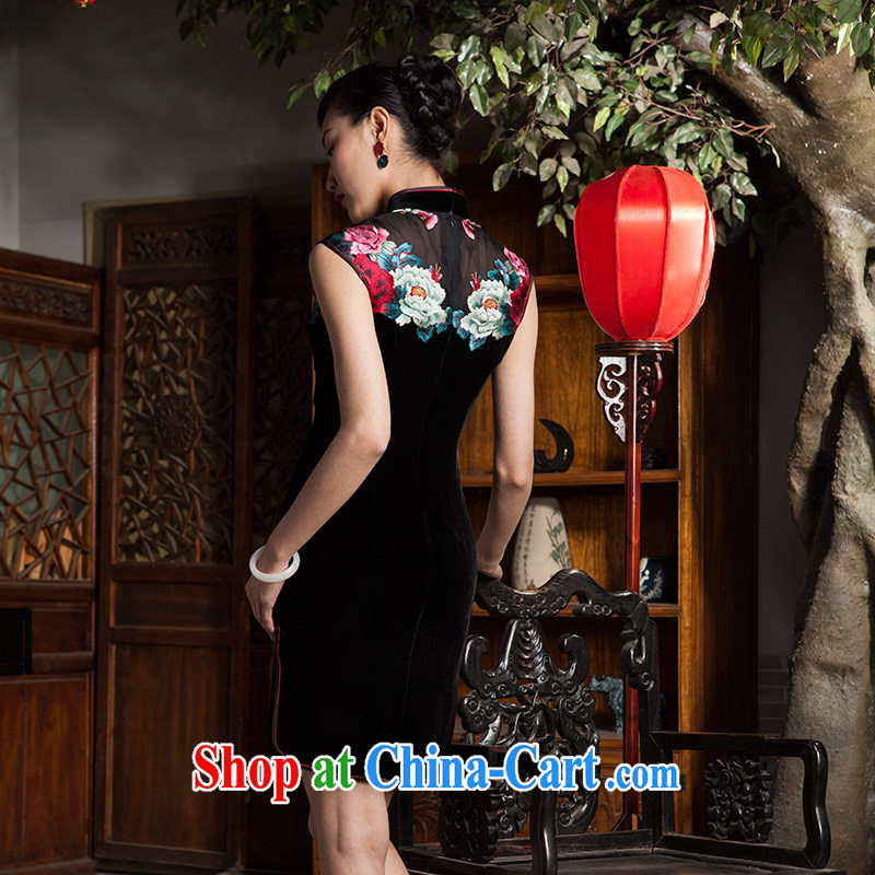 Princess spring and summer new upscale embroidered Peony sauna Silk Velvet short cheongsam black 4XL, giggling, and shopping on the Internet