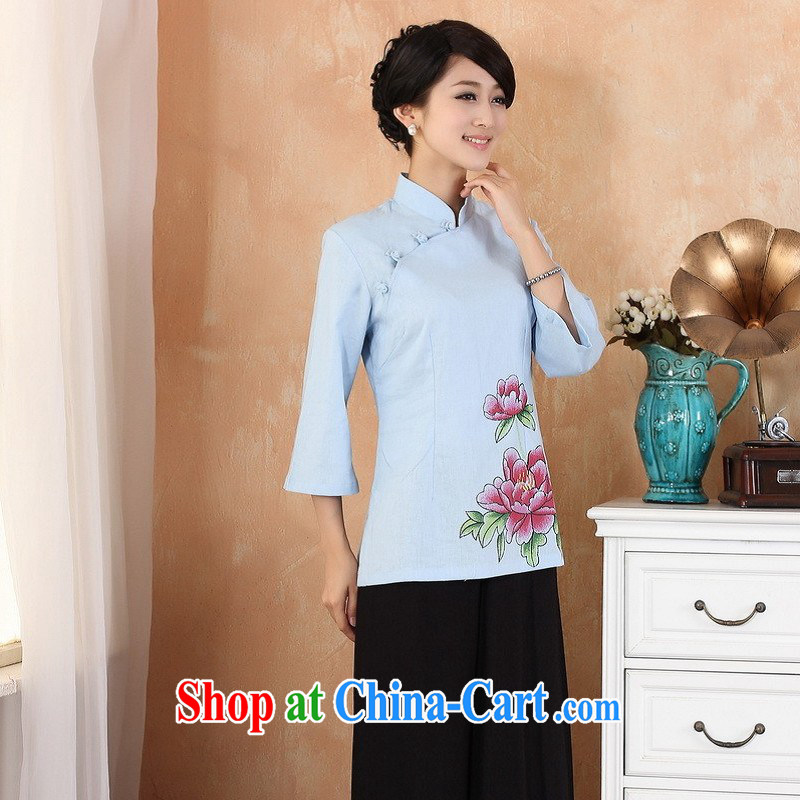 Allow Ms. Jing Tang Women's clothes summer T-shirt and collar snaps cotton the hand-painted Chinese Han-female improved Chinese short-sleeved 2381 - 1 sky blue 3 XL _150 - 160 _ jack
