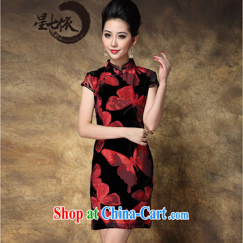 _ 7 to 2014 summer new female gold velour short improved retro burn flower cheongsam floral beauty dresses picture color 3XL