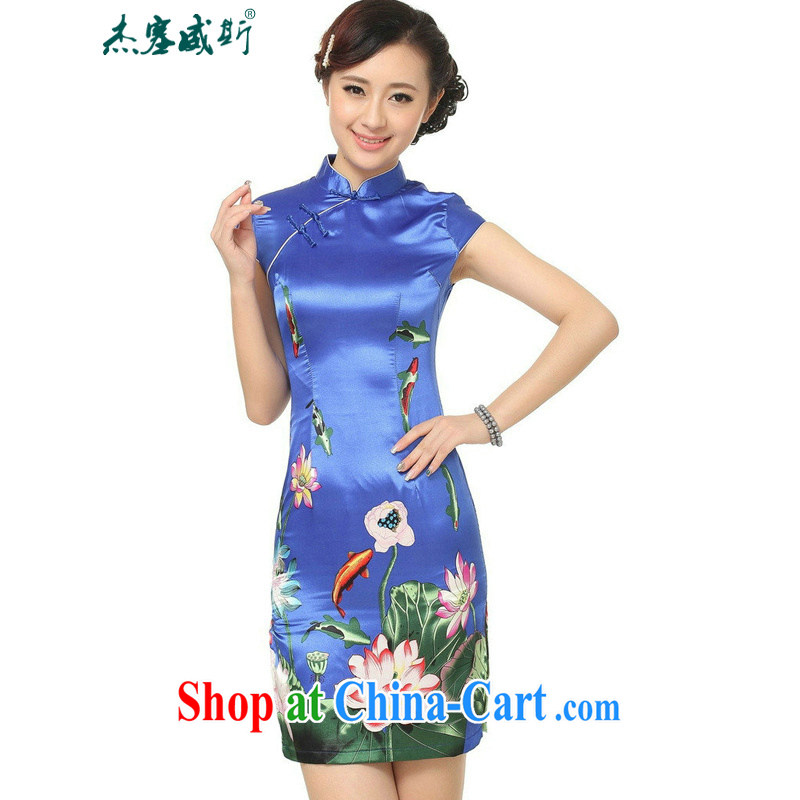 Jessup, summer new improved retro Ethnic Wind, short-sleeved dresses cheongsam Chinese TD 0183 _PO blue XXL