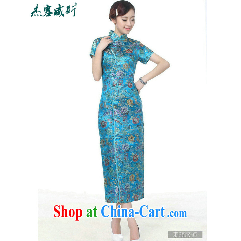 Jessup, new retro Ethnic Wind improved 10 tablets for short-sleeved, for long dresses cheongsam Chinese TJ 0026 _Lake blue XXXL