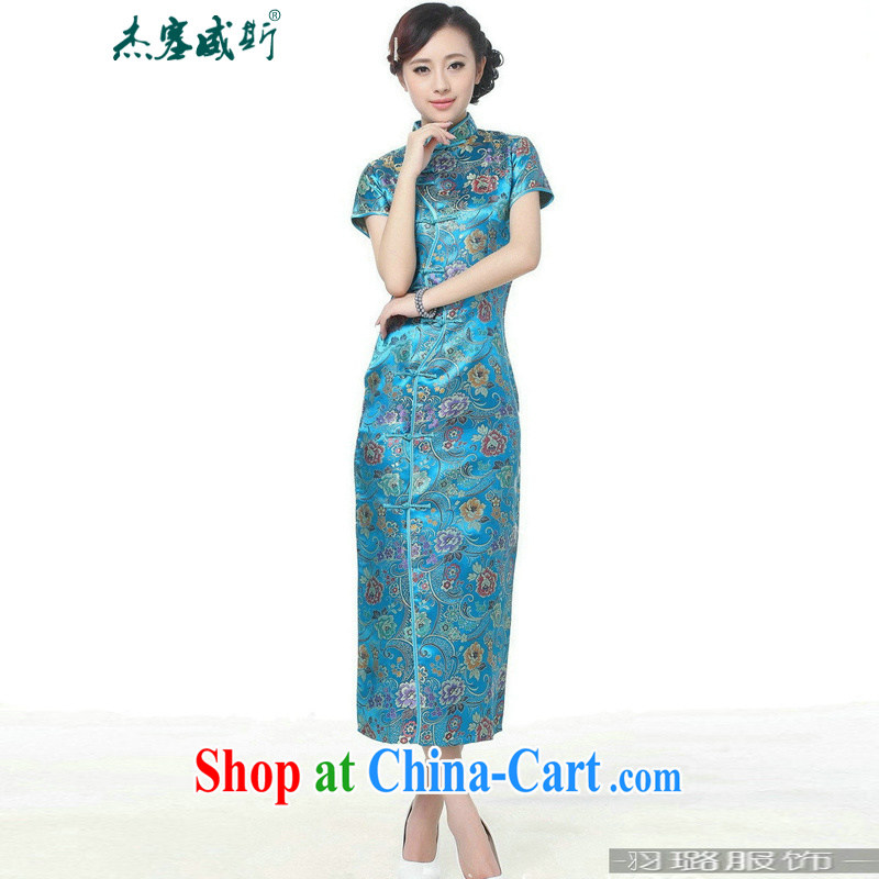 Jessup, new, Retro Ethnic Wind improved 10 tablets for short-sleeved, for long dresses cheongsam Chinese TJ 0026 #Lake blue XXXL, Jessup, and shopping on the Internet