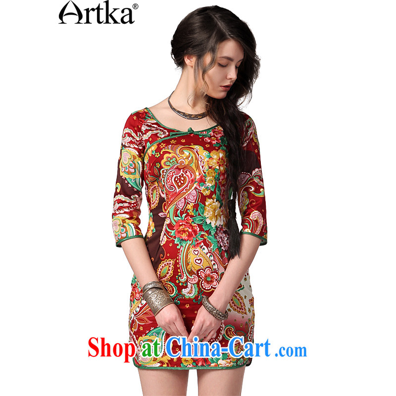 Artka the Wild Green manuring red thin stamp summer new women Sai Kung Satin dresses, 7 cuff dress LA 11,048 C spend M