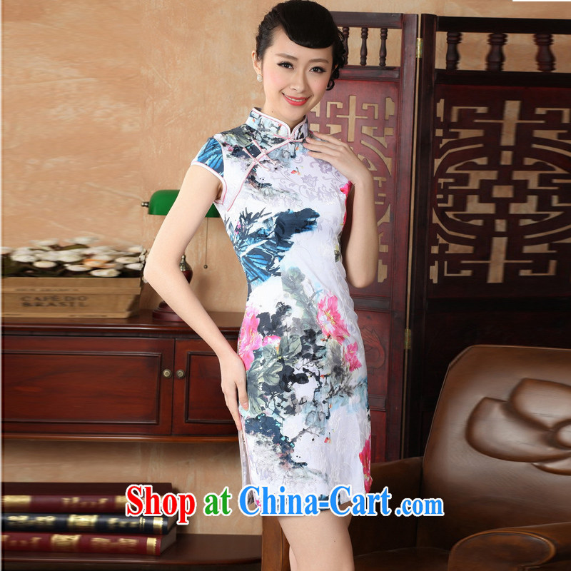 Jessup, new retro improved national wind, for manual for short-sleeved Sau San Tong replacing traditional costumes female cheongsam dress TD 0224 _white XXL